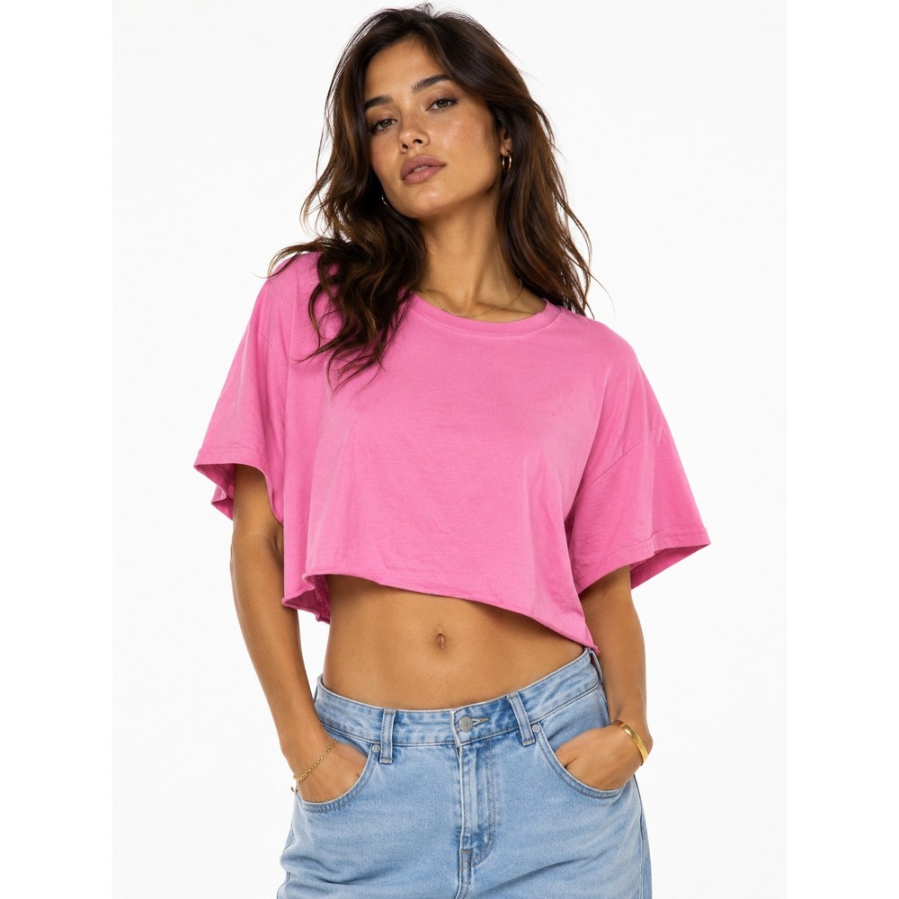 Edikted | Pink Crop Top Short Sleeve Crew Neck Boxy Tee Womens | Size XL